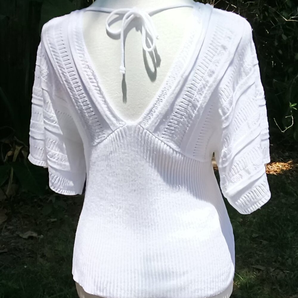 Womens Gorgeous Knitted White Deep V Front Off The Shoulders Knit Neck Tie Top🌼 - Picture 7 of 16